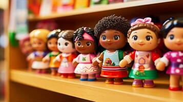 un' giocattolo memorizzare con bambole di vario etnie, promozione inclusività e rappresentazione per bambini. generativo ai foto