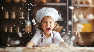 bambino nel un' dello chef cappello, tentando per rendere biscotti, un' pasticcio di Farina e gioia su il contatore. generativo ai foto