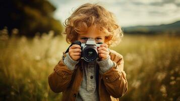 bambino con un' telecamera, cattura momenti, un' gemmazione fotografo con un occhio per dettaglio. generativo ai foto