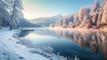 un' mozzafiato inverno paesaggio in mostra congelato alberi riflessa su un' tranquillo fiume, esemplificativo sereno bellezza. generativo ai foto