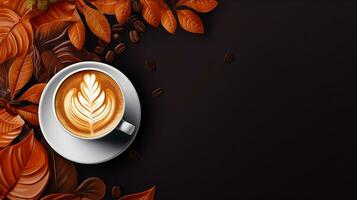 un' appena fermentato tazza di caffè ornato con latte macchiato arte si siede in mezzo autunnale le foglie e sparpagliato caffè fagioli su un' buio sfondo. generativo ai foto