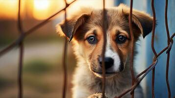 cucciolo con sentimentale occhi sbirciando attraverso un' filo recinzione, brama per la libertà e Attenzione. generativo ai foto