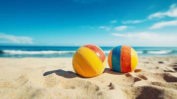 un' vivace multicolore calcio palla su un' illuminata dal sole spiaggia con il calma oceano onde nel il sfondo. generativo ai foto