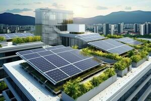 solare pannelli su il tetto di un' moderno costruzione. 3d rendering, tendenza per prendere vantaggio di il gratuito tetti di il industrie per posto fotovoltaico pannelli per ridurre attività commerciale elettricità, ai generato foto