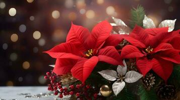 Natale decorazione con poinsettia e pino disposizione. ai generato Immagine. foto