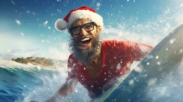 uomo fare surf nel Santa Claus costume. Natale vacanza concetto. ai generato Immagine. foto