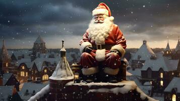 Santa Claus seduta su il tetto. Natale i regali consegna. ai generato Immagine. foto