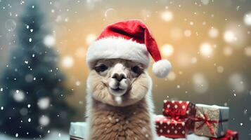 super carino alpaca nel Santa cappello con regalo scatole. allegro Natale saluto concetto. ai generato Immagine. foto