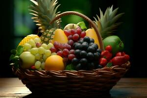 un elegante presentazione di vario frutta entro un' affascinante cestino ai generato foto