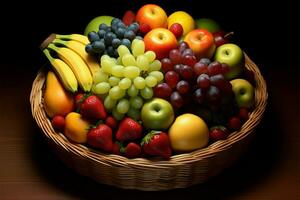 un' revisione quello fornisce un appetitoso Guarda a un' frutta cestino a partire dal sopra ai generato foto