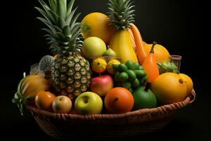 un' carrello pieno con arancia, banane, ananas, e mele per shopping ai generato foto