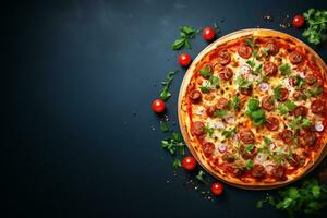 Pizza con salame, Mozzarella formaggio, pomodori e erbe aromatiche su nero sfondo ai generato foto