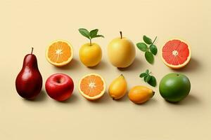 grazioso frutta illustrazioni nel un' minimalista stile su un' pallido pendenza ai generato foto