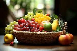 un' affascinante frutta cestino, ornato con fresco frutta contro un' fondale ai generato foto