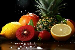 tropicale frutta assortimento con scintillante acqua goccioline su il lato ai generato foto