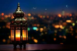 paesaggio urbano celebrazione lanterna, date, e notte cielo per Ramadan kareem ai generato foto