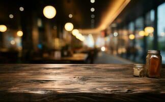 vuoto di legno tavolo nel ristorante, ideale per Prodotto Schermo finto UPS ai generato foto