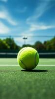 verde Tribunale ronzio, ambientazione preparato per esilarante tennis incontro azione verticale mobile sfondo ai generato foto