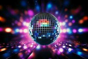 un' 3d reso discoteca palla brilla contro neon leggero fondale ai generato foto