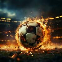dinamico accensione, potente calcio invia calcio palla in fiamme nel stadio per sociale media inviare dimensione ai generato foto