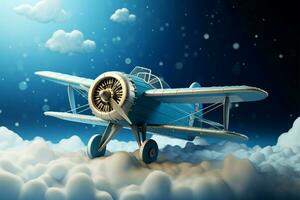 celebrare un' poco aviatore con Questo blu aereo a tema sfondo ai generato foto