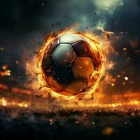 dinamico accensione, potente calcio invia calcio palla in fiamme nel stadio per sociale media inviare dimensione ai generato foto