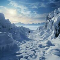 invernale trekking impronte Ascend collina come gli esseri umani avventurarsi attraverso neve coperto paesaggio per sociale media inviare dimensione ai generato foto