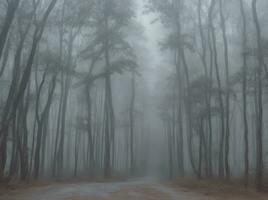 nebbioso foresta con sentiero conduce per il sconosciuto foto