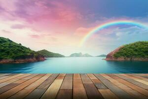 un' di legno tavolo armonizza con un' mare Visualizza e un' arcobaleno ai generato foto