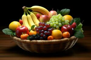 un invitante Schermo di vario frutta nel un attraente frutta cestino ai generato foto