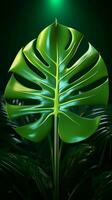 verde Monstera foglia illuminato di radiante neon leggero nel 3d verticale mobile sfondo ai generato foto