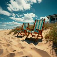 costiero comfort spiaggia sedie su sabbioso riva sotto soleggiato blu cielo e nuvole per sociale media inviare dimensione ai generato foto