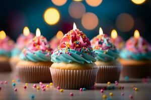 compleanno cupcakes ornato con vivace palloncini, impostato contro un' sognante fondale ai generato foto