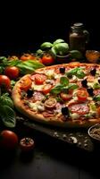 un' buio tela punti salienti il salato fascino di un' vegetariano Pizza verticale mobile sfondo ai generato foto