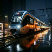 moderno treno raggiunge piattaforma nel notte Visualizza di vivace treno stazione panorama per sociale media inviare dimensione ai generato foto