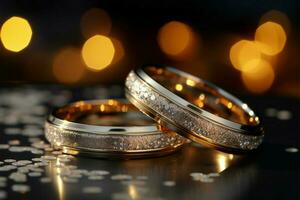 argento e oro nozze anelli scintillare su un' glitterato fondale ai generato foto