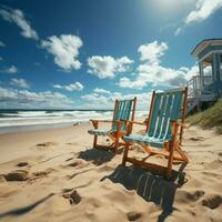 costiero comfort spiaggia sedie su sabbioso riva sotto soleggiato blu cielo e nuvole per sociale media inviare dimensione ai generato foto