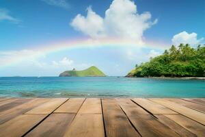 tropicale spiaggia Visualizza con arcobaleno al di sopra di mare complementi vuoto di legno tavolo ai generato foto