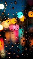 sfocato città luci visto attraverso un' finestra con colorato gocce di pioggia verticale mobile sfondo ai generato foto