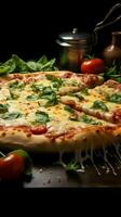 caldo italiano Pizza, formaggio allungamento, sormontato con quattro formaggi e basilico verticale mobile sfondo ai generato foto