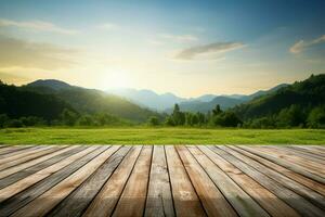 di legno pavimento tavole contro un' panoramico fondale di naturale bellezza ai generato foto