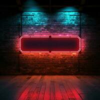 raggiante neon accentua un' lungo tabellone su un' retrò mattone parete per sociale media inviare dimensione ai generato foto