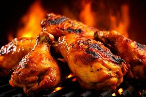 grigliato pollo gambe su un' barbecue griglia con fiamme nel il sfondo ai generato foto