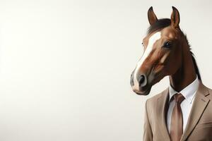 ritratto di un' cavallo nel uomo d'affari completo da uomo e cravatta su un' isolato sfondo. ai generato foto