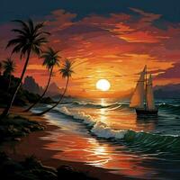 tramonto serenità, foderato di palma spiaggia, yacht su orizzonte catturato nel tranquillo vettore illustrazione per sociale media inviare dimensione ai generato foto