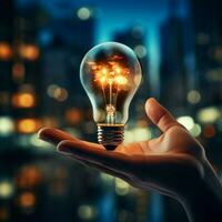 mano con luminoso lampadina simboleggia attività commerciale innovazione e visionario pensiero per sociale media inviare dimensione ai generato foto