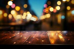 bokeh luci sfondo, un vuoto di legno tavolo per travolgente Prodotto Schermo ai generato foto