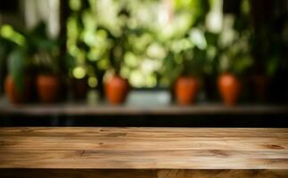 vuoto di legno tavolo con un' giardino sfondo, ideale per testo marketing ai generato foto