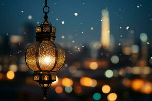 illuminato celebrazione sospeso lanterna con città bokeh per Ramadan kareem ai generato foto