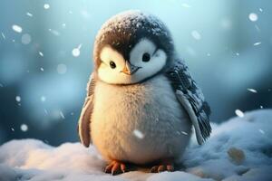 dolce pinguino pulcino, nel neve cappotto, sta su traballante piedi ai generato foto